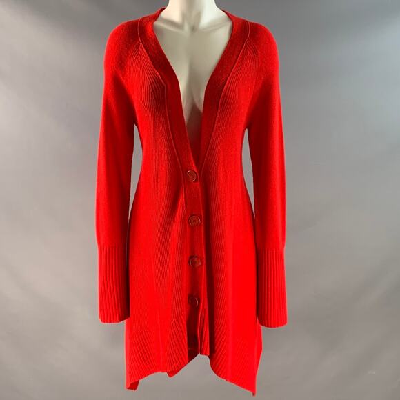 DONNA KARAN Size S Red Merino Wool Cashmere Long Cardigan - Picture 1 of 6